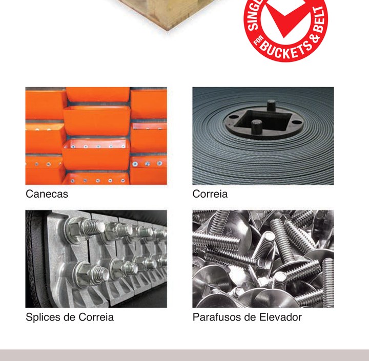 Canecas, correia, emendas (splices) e parafusos de elevador Maxi-Lift — sistema completo