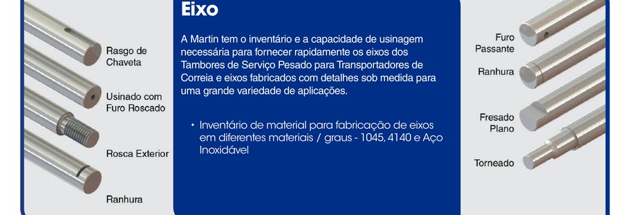 Tipos de eixos Martin para transportadores: rasgo de chaveta, furo roscado, rosca exterior, ranhura, furo passante, fresado plano e torneado