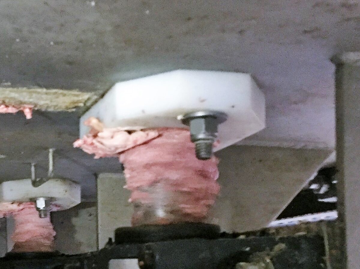 Misturador de carne com produto vazando ao redor do eixo - risco de contaminação por vedação inadequada Mippei