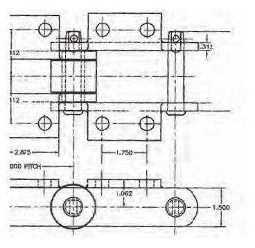 Desenho técnico da corrente do cooler de MDF Tsubaki com aditamentos especiais e passo de 1 polegada
