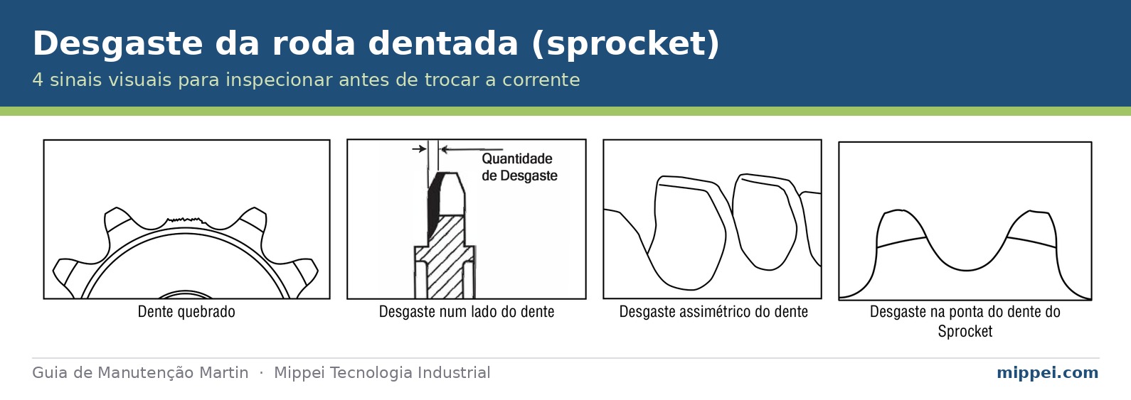 Infográfico de desgaste de roda dentada: dente em ponta de agulha, gancho e encosto côncavo