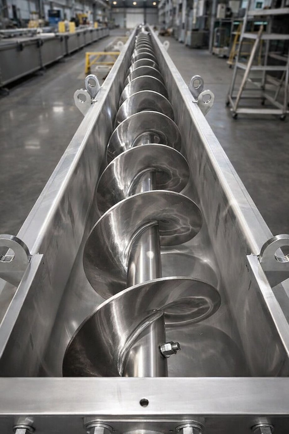 Transportador helicoidal Martin em aço inox (rosca em calha U-Trough) montado na fábrica