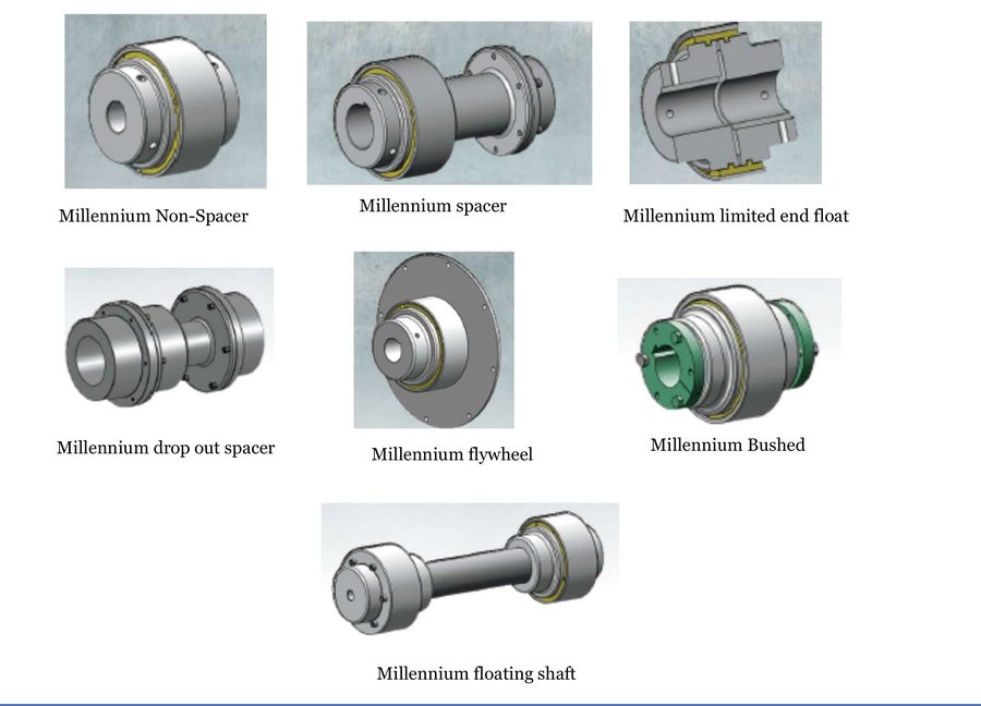 Configurações do acoplamento ATRAFLEX Millennium: sem espaçador, com espaçador, limited end float, espaçador drop-out, volante, com bucha e eixo flutuante — Mippei