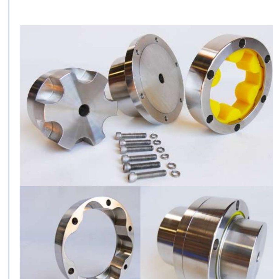 Acoplamento flexível ATRAFLEX T-FLEX desmontado: cubo flex, cubo anel, inserto amarelo, anel de acionamento e seis parafusos allen — Mippei