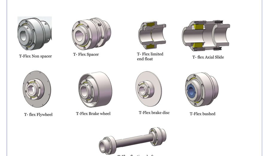 Configurações do acoplamento ATRAFLEX T-FLEX: sem espaçador, com espaçador, limited end float, deslize axial, volante, roda de freio, disco de freio, bucha e eixo flutuante — Mippei