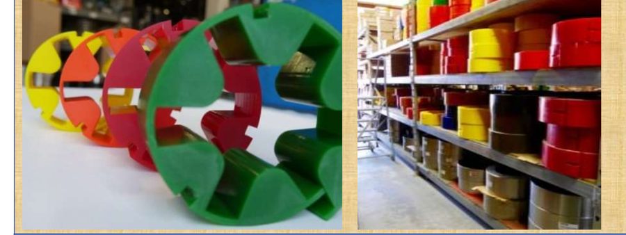 Insertos de poliuretano do acoplamento ATRAFLEX nas cores amarelo, laranja, vermelho, marrom e verde, e estoque de insertos na fábrica — Mippei