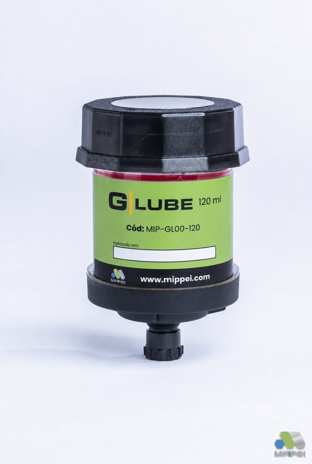 G-LUBE 120 ml — etiqueta Mippei, código MIP-GL00-120 Lubrificador automático G-LUBE 120 ml com etiqueta Mippei e código MIP-GL00-120