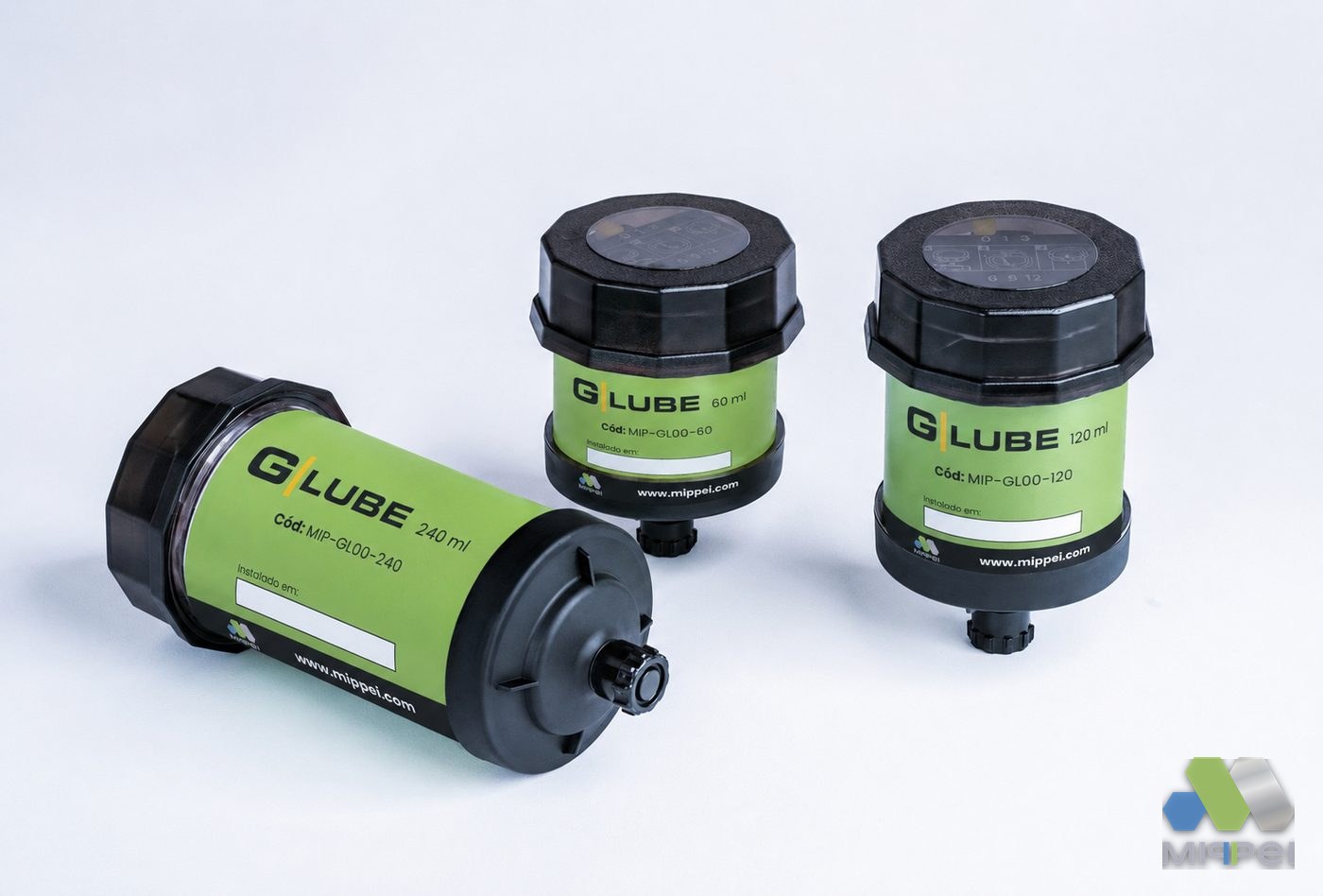 G-LUBE eletroquímico — unidades com etiqueta Mippei Lubrificadores automáticos eletroquímicos G-LUBE Grützner com etiqueta Mippei