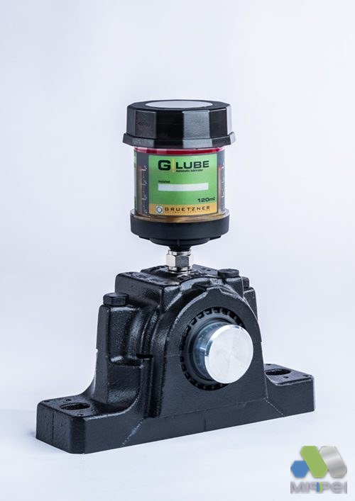 G-LUBE instalado em mancal de rolamento Lubrificador automático G-LUBE instalado em mancal de rolamento com bloco bipartido