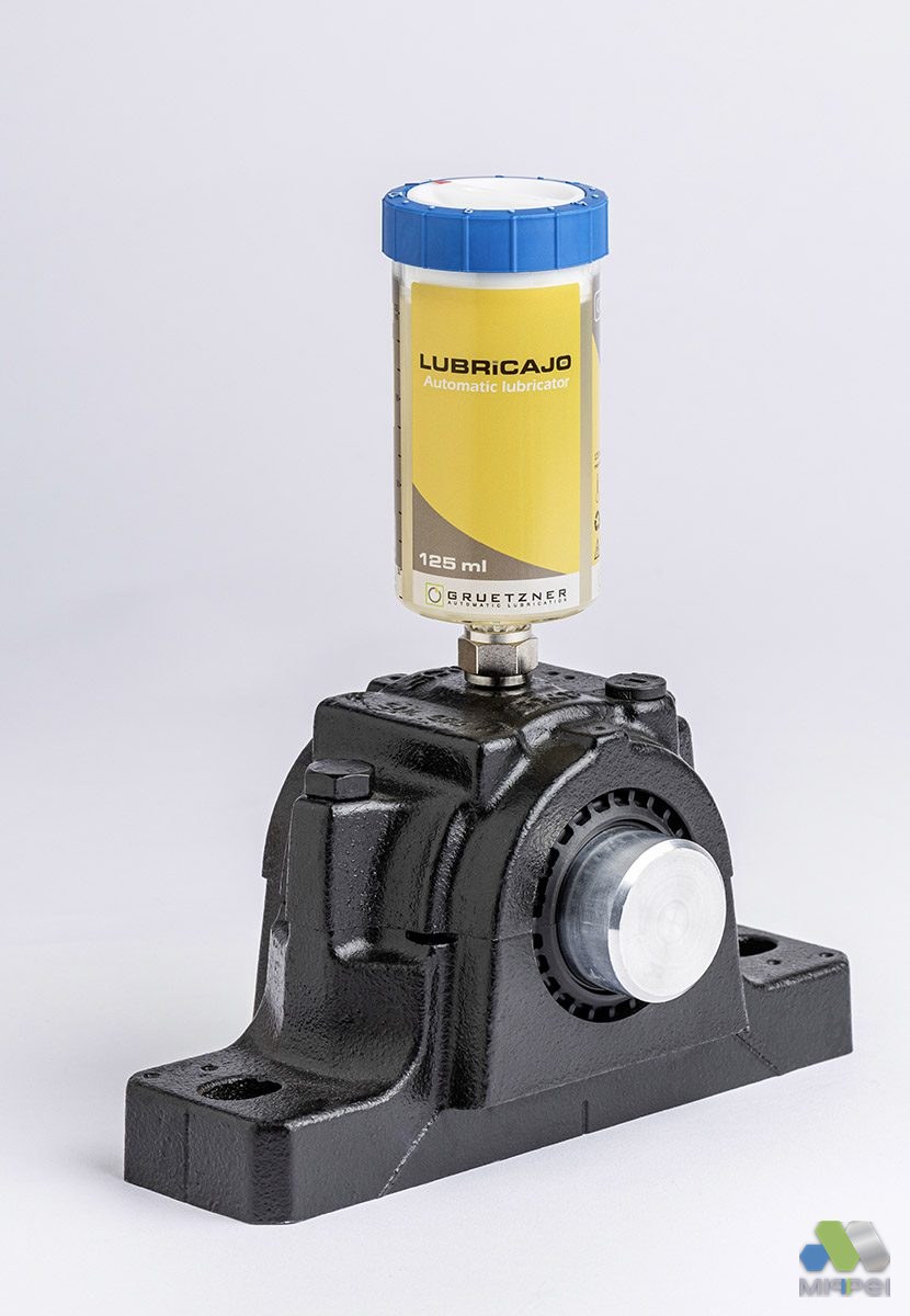 Lubricajo instalado em mancal de rolamento Lubrificador Lubricajo da Grützner instalado em mancal de rolamento