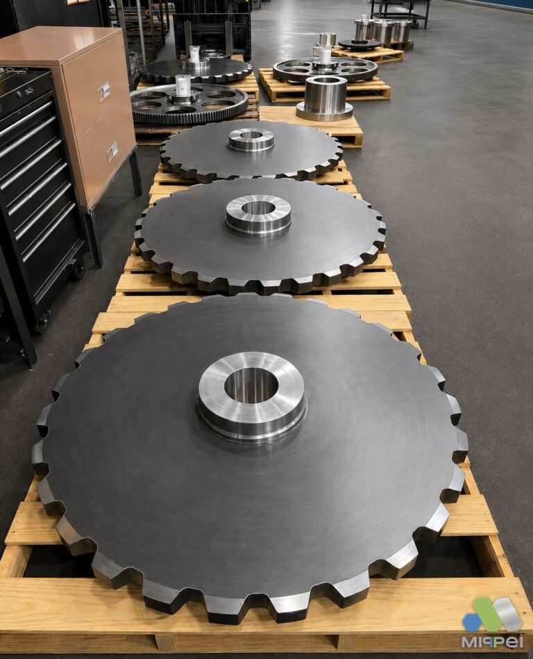 Rodas dentadas de engenharia Martin usinadas, três diâmetros sobre pallet — Mippei