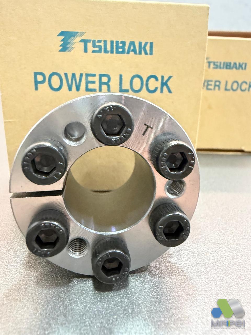 Anel de fixação Power-Lock Tsubaki com os parafusos de aperto e a caixa original, em estoque na Mippei