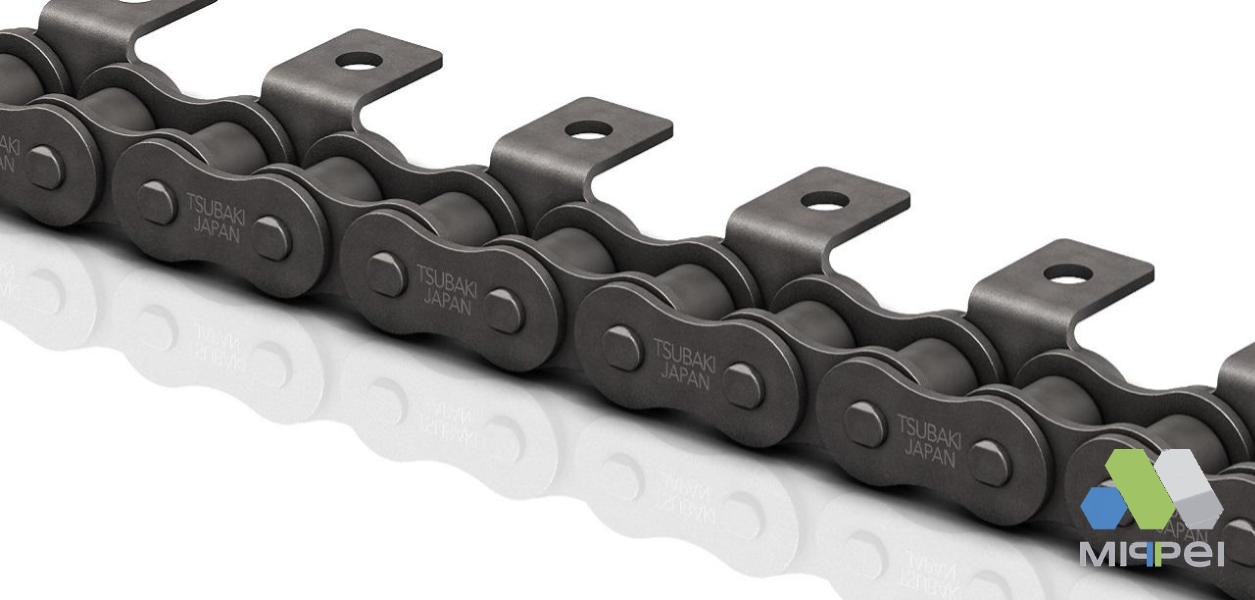 Corrente de rolos Tsubaki com aditamento tipo A-1: abas em L de um lado da corrente, cada uma com furo de fixação