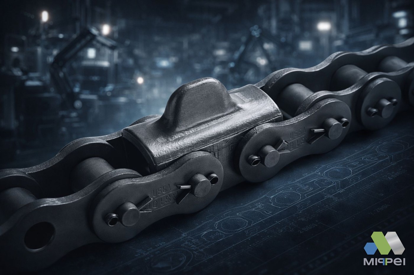 Corrente Tsubaki tipo caterpillar para arraste de material — Mippei