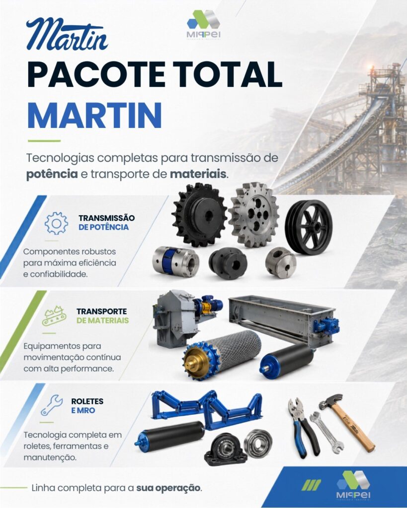Pacote Total Martin: transmissão de potência, transporte de materiais, roletes e MRO, com a Mippei