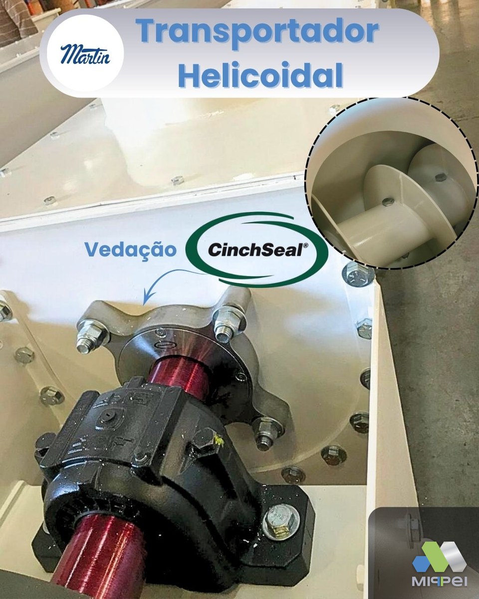Vedação rotativa CinchSeal no eixo de um transportador helicoidal Martin
